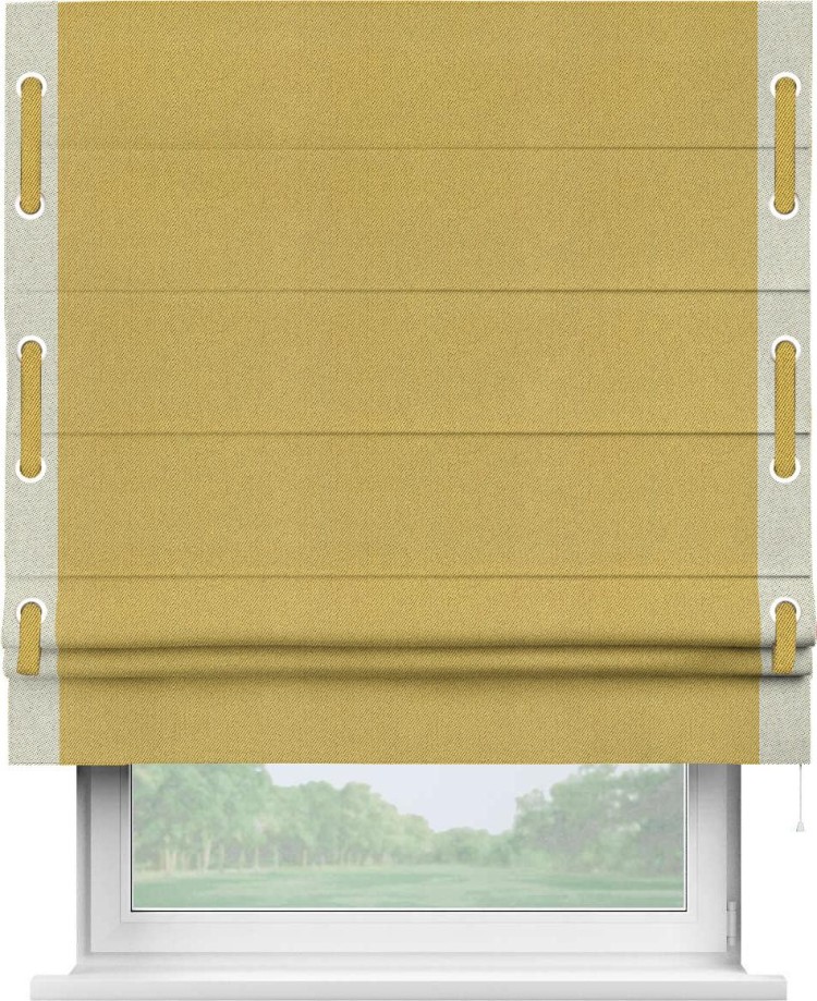 Римская штора «Кортин» с кантом Стрим Дуо (люверсы с пояском), для проема, ткань твид блэкаут, пыльная горчица